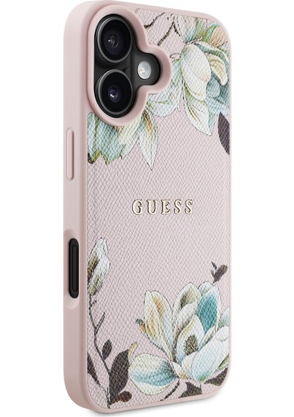 iPhone 16 Kılıf Guess Lisanslı Magsafe Özellikli Taneli Çiçek Tasarımlı Metal Logolu Kapak Pembe modelleri