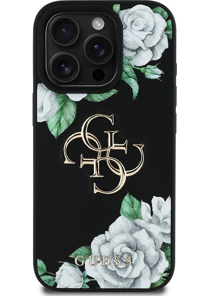 iPhone 15 Pro Max Kılıf Guess Orjinal Lisanslı Gül Baskılı Büyük Metal Logo Dizaynlı Kapak Siyah