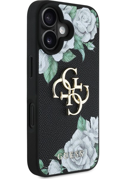 iPhone 16 Kılıf Guess Orjinal Lisanslı Gül Baskılı Büyük Metal Logo Dizaynlı Kapak Siyah modelleri