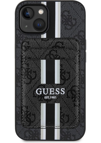 iPhone 14 Kılıf Guess Lisanslı Magsafe Şarj Özellikli 4g Desenli Çizgili Kartlıklı Kapak Siyah