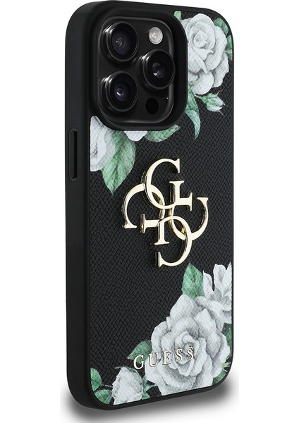 iPhone 15 Pro Max Kılıf Guess Orjinal Lisanslı Gül Baskılı Büyük Metal Logo Dizaynlı Kapak Siyah modelleri