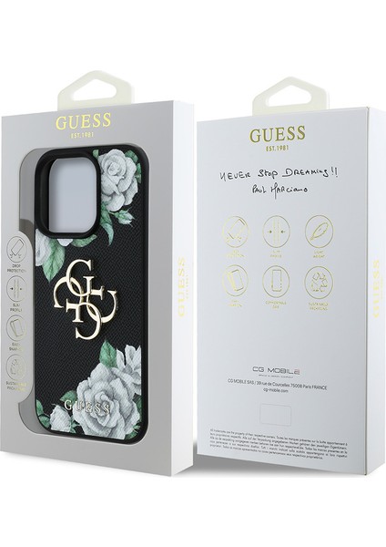 iPhone 15 Pro Max Kılıf Guess Orjinal Lisanslı Gül Baskılı Büyük Metal Logo Dizaynlı Kapak Siyah indirimleri