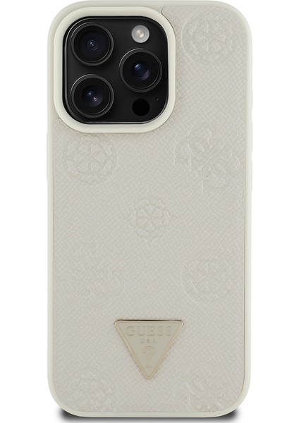 iPhone 16 Pro Kılıf Guess Lisanslı Magsafe Özellikli Üçgen Logolu Pu Deri Peony Kapak Bej