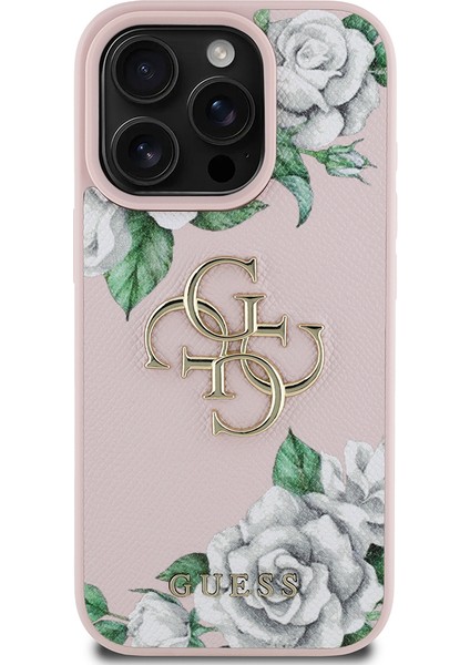 iPhone 15 Pro Max Kılıf Guess Orjinal Lisanslı Gül Baskılı Büyük Metal Logo Dizaynlı Kapak Pembe