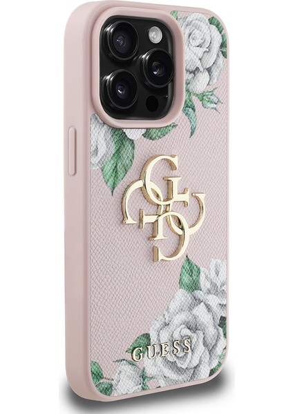 iPhone 15 Pro Max Kılıf Guess Orjinal Lisanslı Gül Baskılı Büyük Metal Logo Dizaynlı Kapak Pembe modelleri