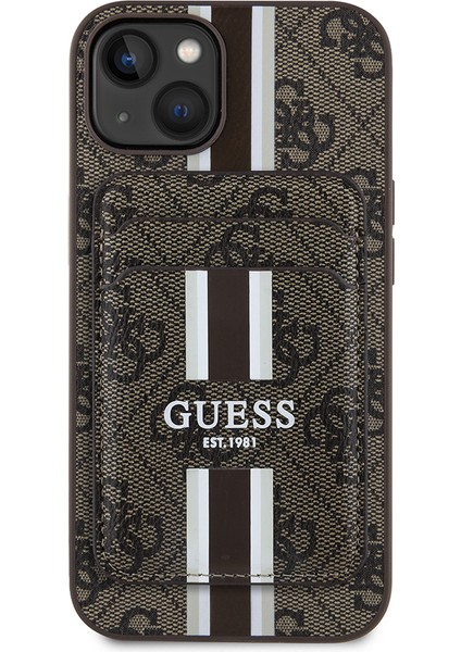 iPhone 14 Kılıf Guess Lisanslı Magsafe Şarj Özellikli 4g Desenli Çizgili Kartlıklı Kapak Kahverengi