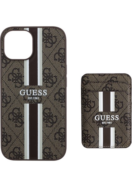 iPhone 14 Kılıf Guess Lisanslı Magsafe Şarj Özellikli 4g Desenli Çizgili Kartlıklı Kapak Kahverengi modelleri