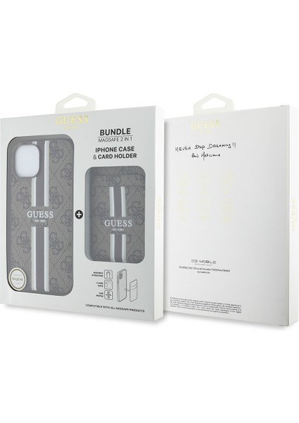 iPhone 14 Kılıf Guess Lisanslı Magsafe Şarj Özellikli 4g Desenli Çizgili Kartlıklı Kapak Kahverengi indirimleri