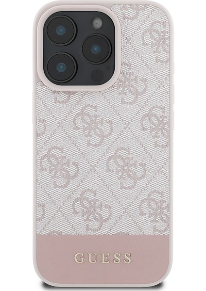 iPhone 16 Pro Max Kılıf Guess Orjinal Lisanslı Pu Deri Şerit Logo Dizaynlı Kapak Pembe