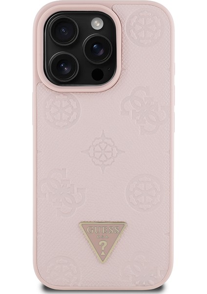 iPhone 16 Pro Kılıf Guess Lisanslı Magsafe Özellikli Üçgen Logolu Pu Deri Peony Kapak Pembe
