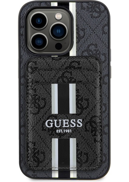 iPhone 14 Pro Max Kılıf Guess Lisanslı Magsafe Özellikli 4g Desenli Çizgili Kartlıklı Kapak Siyah