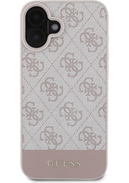 iPhone 16 Kılıf Guess Orjinal Lisanslı Pu Deri Şerit Logo Dizaynlı Kapak Pembe