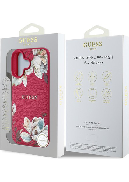 iPhone 16 Kılıf Guess Lisanslı Magsafe Özellikli Taneli Çiçek Tasarımlı Metal Logolu Kapak Fuşya indirimleri