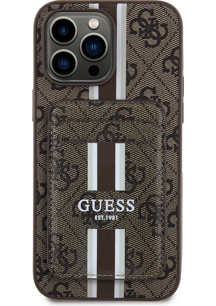iPhone 14 Pro Max Kılıf Guess Lisanslı Magsafe Özellikli 4g Desen Çizgili Kartlıklı Kapak Kahverengi