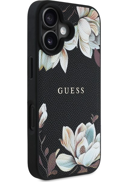 iPhone 16 Kılıf Guess Lisanslı Magsafe Özellikli Taneli Çiçek Tasarımlı Metal Logolu Kapak Siyah modelleri