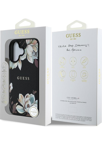 iPhone 16 Kılıf Guess Lisanslı Magsafe Özellikli Taneli Çiçek Tasarımlı Metal Logolu Kapak Siyah indirimleri