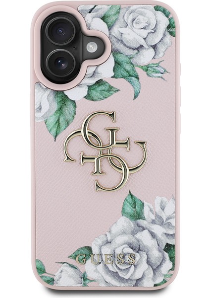 iPhone 16 Kılıf Guess Orjinal Lisanslı Gül Baskılı Büyük Metal Logo Dizaynlı Kapak Pembe