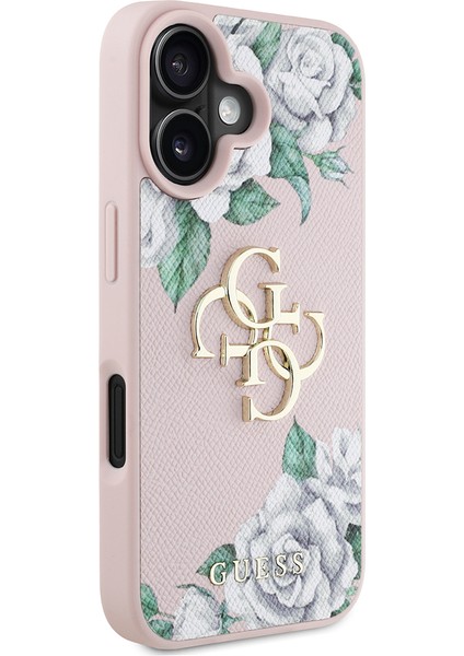 iPhone 16 Kılıf Guess Orjinal Lisanslı Gül Baskılı Büyük Metal Logo Dizaynlı Kapak Pembe modelleri