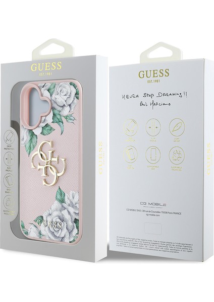 iPhone 16 Kılıf Guess Orjinal Lisanslı Gül Baskılı Büyük Metal Logo Dizaynlı Kapak Pembe indirimleri