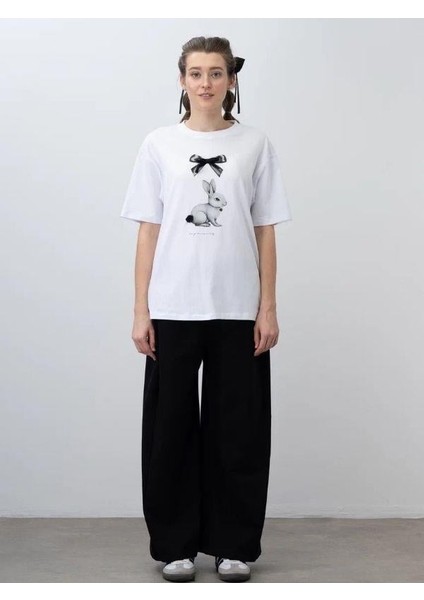 Kız Çocuk Tavşan Baskılı Oversize Tasarım Tshirt