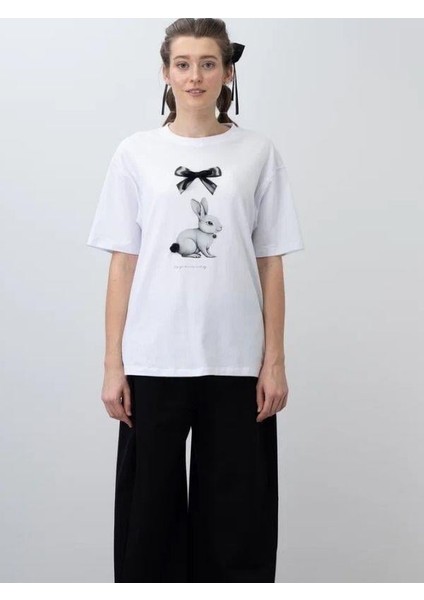 Kız Çocuk Tavşan Baskılı Oversize Tasarım Tshirt indirimleri