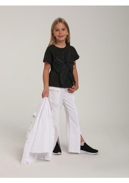 Kız Çocuk Çiçek Işlemeli Tasarım T-Shirt