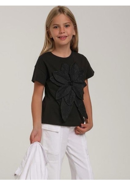 Kız Çocuk Çiçek Işlemeli Tasarım T-Shirt fırsatları