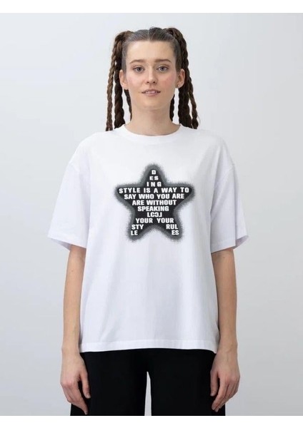 Kız Çocuk Yıldız Harf Baskılı Oversize T-Shirt modelleri