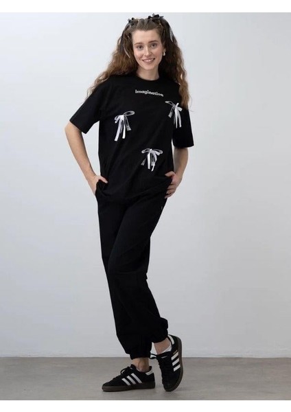 Kız Çocuk Fiyonk Detaylı Oversize T-Shirt