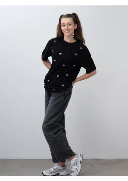 Kız Çocuk Fiyonk Nakışlı Oversize Tshirt