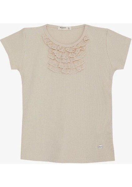 Kız Çocuk Yakası Güpürlü Fitilli Kısa Kollu T-Shirt