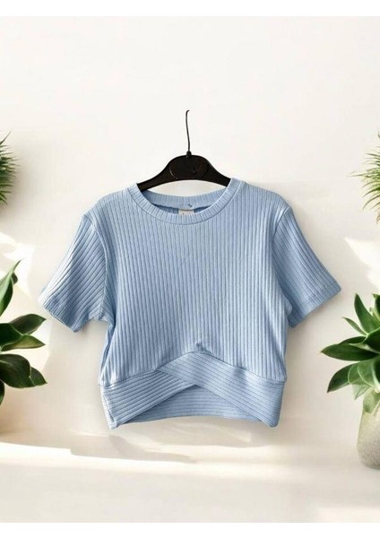 Kız Çocuk Fitilli Yarım Kol Crop T-Shirt