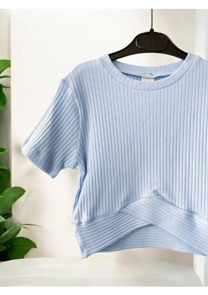 Kız Çocuk Fitilli Yarım Kol Crop T-Shirt modelleri