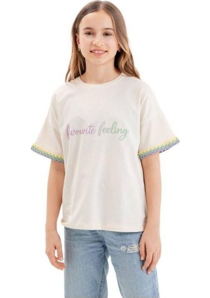 Kız Çocuk Kolları Örgü Detaylı Pamuklu T-Shirt
