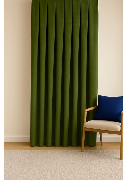 Barcelona Kadife Dokulu Fon Perde Haki (Pilesiz)