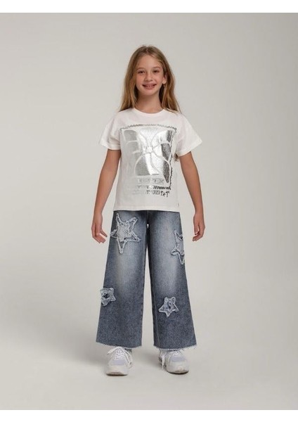 Kız Çocuk Pamuklu Gümüş Varak Desenli Tasarım T-Shirt fiyatları