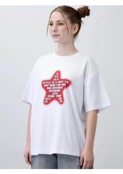 Kız Çocuk Yıldız Harf Baskılı Oversize T-Shirt modelleri