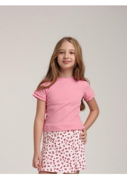 Kız Çocuk Pamuklu Kolları Kısa Fırfırlı T-Shirt indirimleri