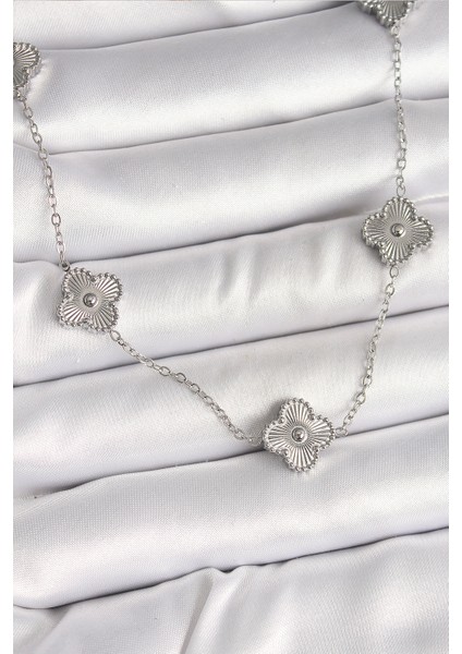 316L Çelik Gümüş Renk Zincir İşlemeli Yonca Model Kadın Kolye