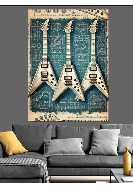 Klasik Elektro Gitarlar Dekoratif Kanvas - Mdf Ahşap Tablo