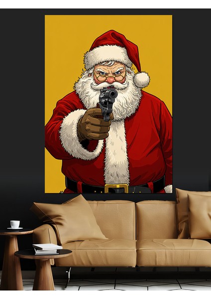 Silahlı Noel Baba Dekoratif Kanvas - Mdf Ahşap Tablo
