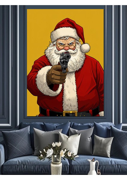 Silahlı Noel Baba Dekoratif Kanvas - Mdf Ahşap Tablo