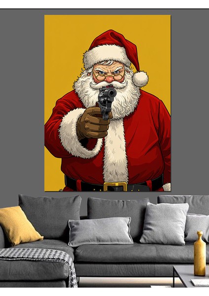 Silahlı Noel Baba Dekoratif Kanvas - Mdf Ahşap Tablo