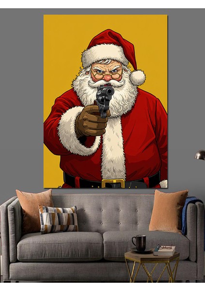 Silahlı Noel Baba Dekoratif Kanvas - Mdf Ahşap Tablo