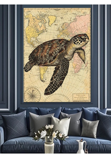 Haritalı Deniz Kaplumbağası Dekoratif Kanvas - Mdf Ahşap Tablo