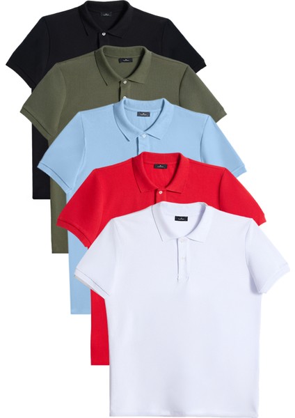 Erkek 5'li Paket Siyah-Haki-Koyu Mavi-Kırmızı-Beyaz Slim Fit Pamuklu Düz Pike Polo Yaka Tişört