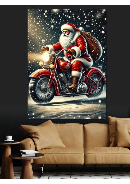 Noel Baba Motosiklette Dekoratif Kanvas - Mdf Ahşap Tablo