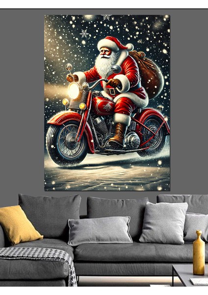 Noel Baba Motosiklette Dekoratif Kanvas - Mdf Ahşap Tablo