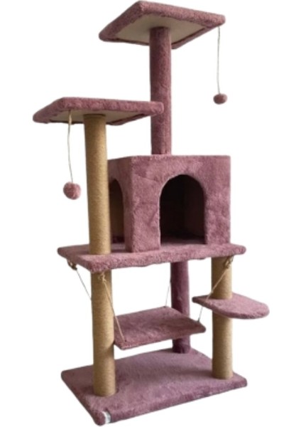 Y01 Salıncaklı Yuvalı Lüx Kedi Tırmalama Oyun Evi Gül Kurusu