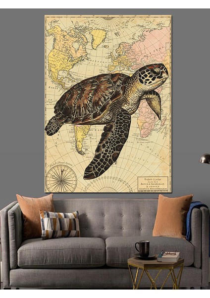 Haritalı Deniz Kaplumbağası Dekoratif Kanvas - Mdf Ahşap Tablo modelleri